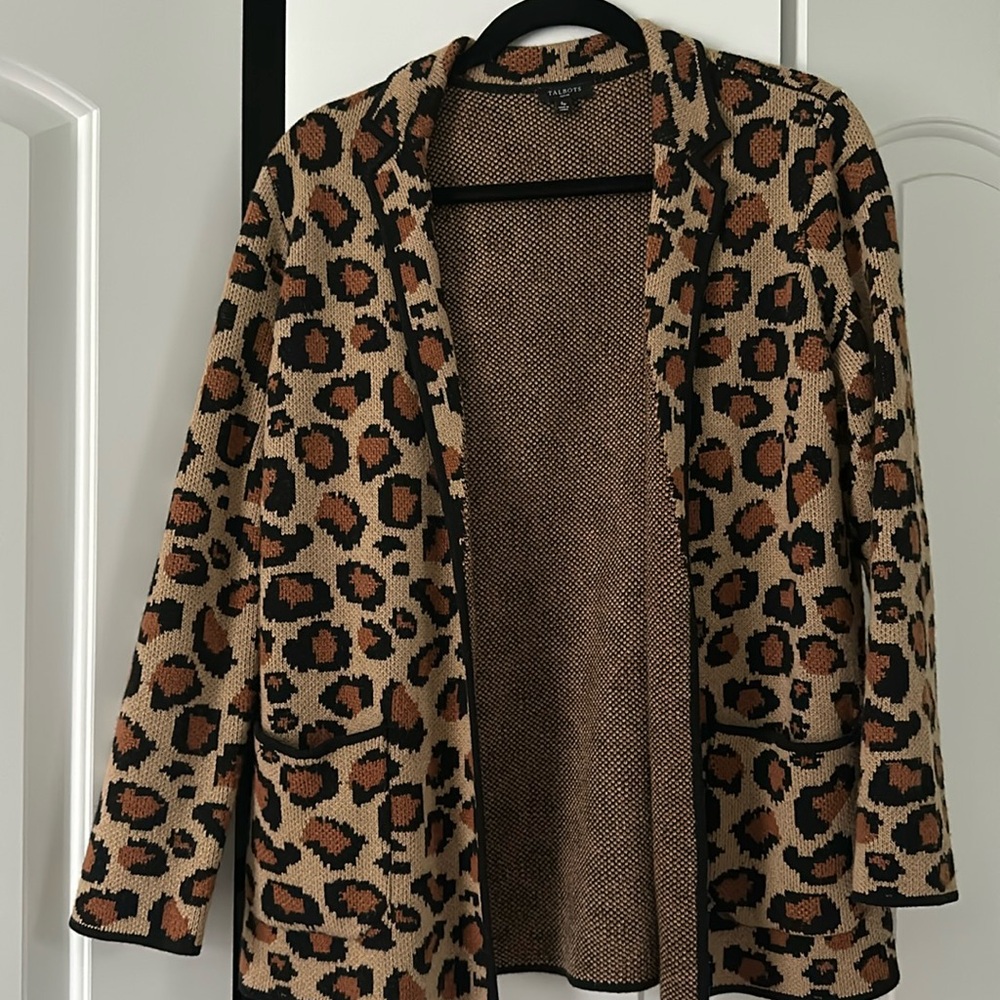 Talbots Leopard Print Open Front Blazer Size SP wool blend